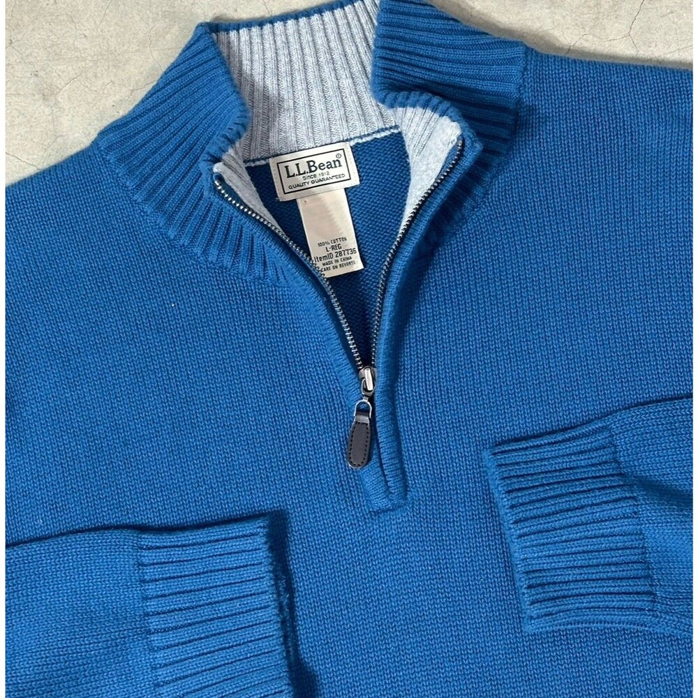 LL Bean 1/4 Zip Mock Neck Sweater Mens Large Regular 100% Cotton Blue